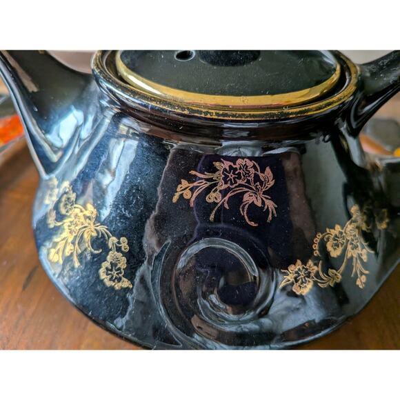 Pearl China Teapot Sugar Bowl Creamer black 22kt gold Vintage USA - Picture 3 of 11